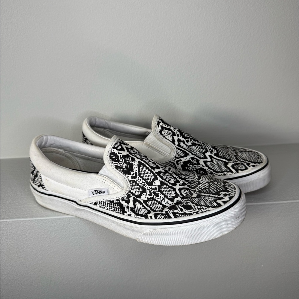 Vans Black and White Slip-On Shoes snakeskin